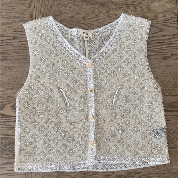 NEW POL Cream and Silver Butterfly Lace Pearled Ruffled Boho Sequin Crop Top - Picture 3 of 7